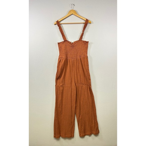 Roxy Pants - Roxy Jumpsuit Women XL Terracotta Orange Smocked Wide Leg Ruffle Strap Boho